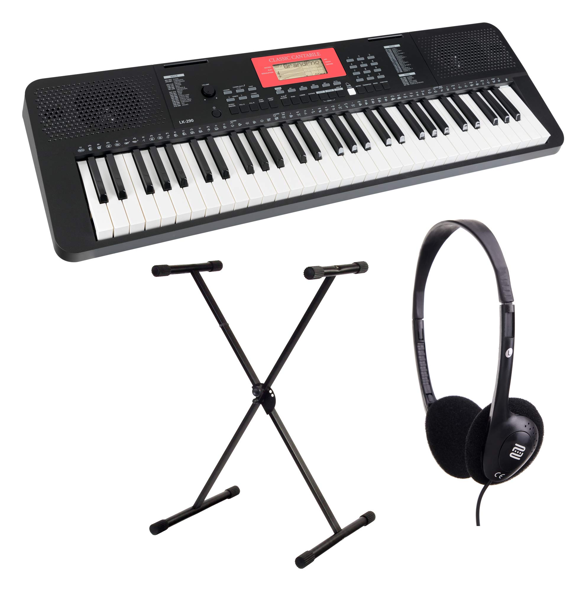 Classic Cantabile LK-290 Leuchttasten-Keyboard -Set 61 Tasten mit Anschlagdynamik - 580 Klänge und 200 Begleitrhythmen - inkl. X-Keyboardständer & Kopfhörer- schwarz
