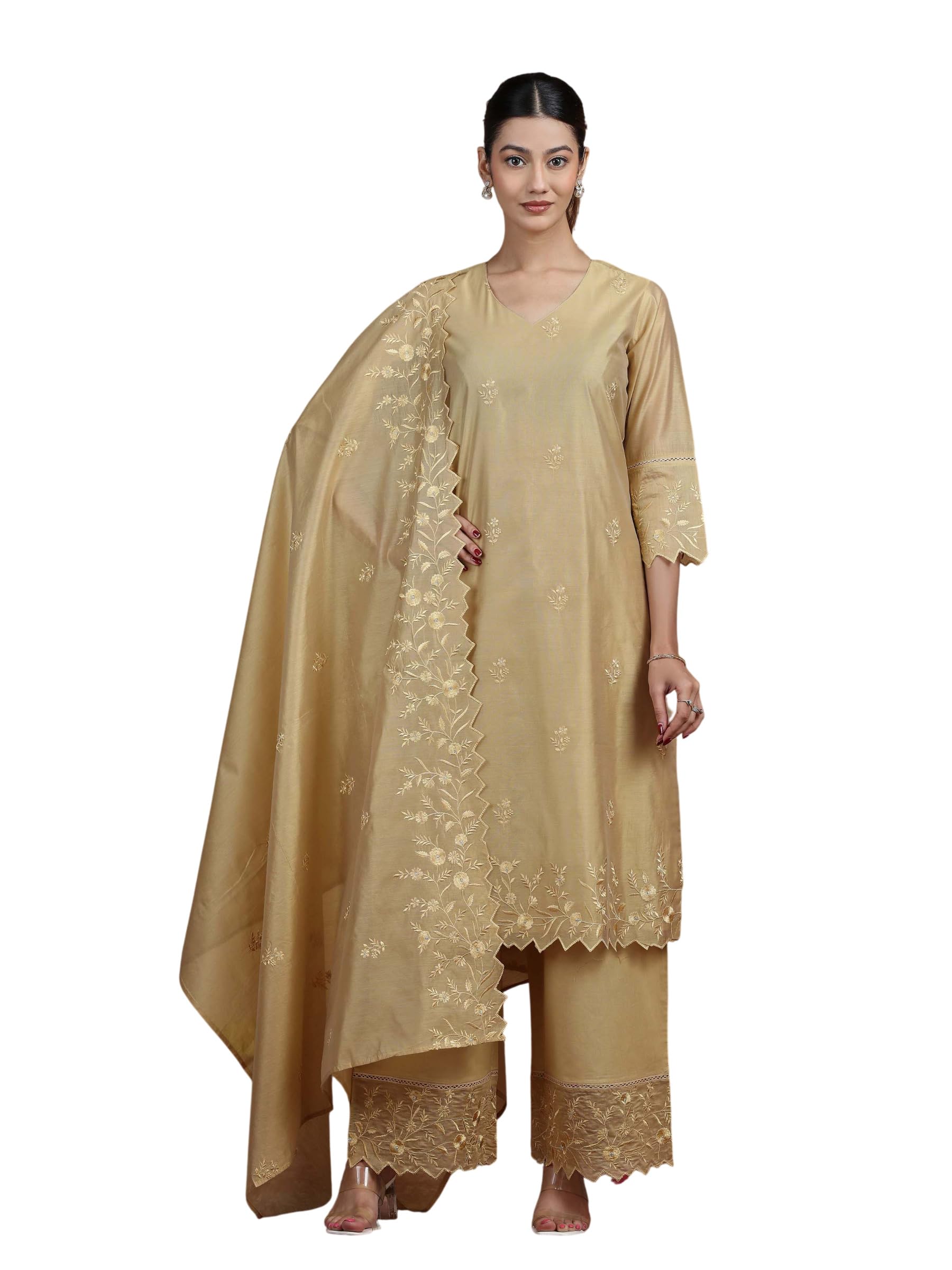 Gold Embroidered Straight Kurta Set with Dupatta-image-22