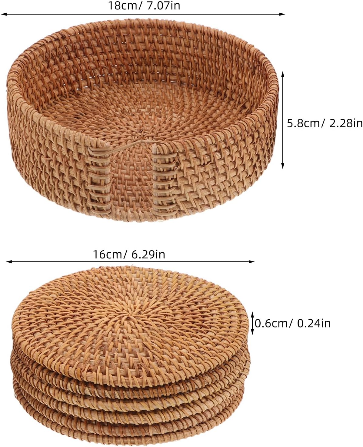 Cabilock 6pcs Handwoven Rattan Coasters with Holder Natural Straw Trivets Round Saucers Drinking Cup Mats for Parties Coffee Tables and Home