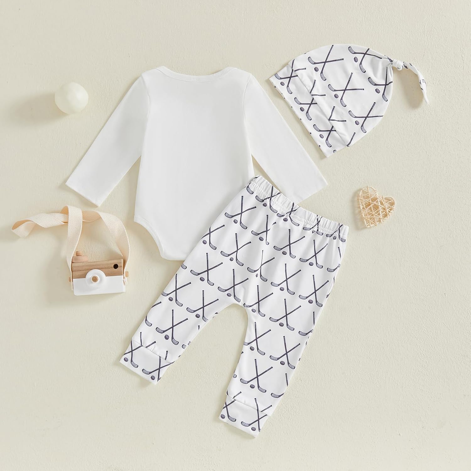 Newborn Fall Winter Outfit Funny Letters Print Baby Onesie and Pants Hat Set Cute Hockey Outfit Baby Boy 0-18M - Image 3