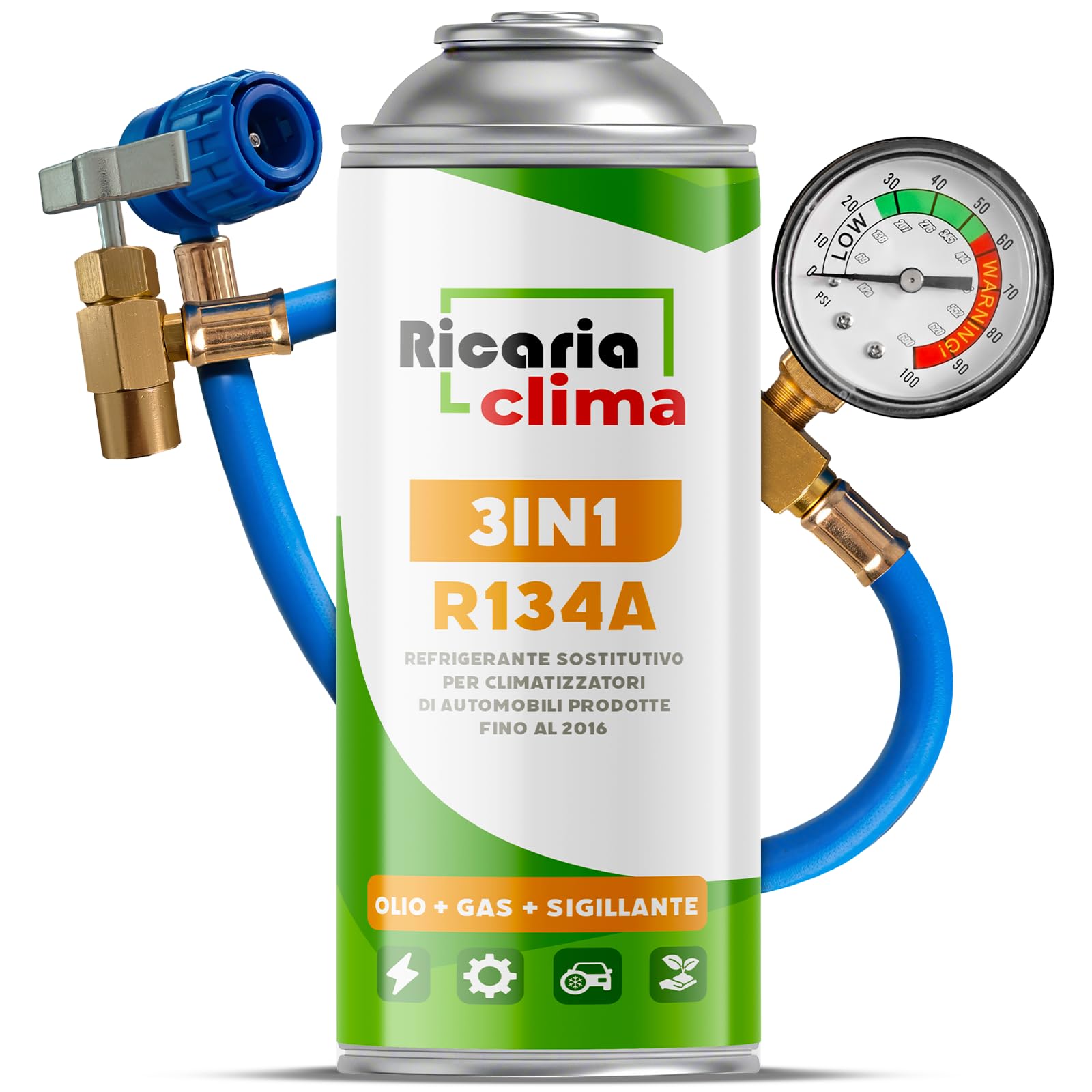 3en1 Remplaçant Fluide Réfrigérant R134a – 235 g Kit Recharge Climatisation Automobile avec Tuyau et Manomètre – ECO
