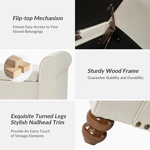 Miniatura 4 de HULALA HOME Banco otomano de almacenamiento con reposabrazos enrollado, banco de cama con botones copetudos con patas de madera maciza, tapa