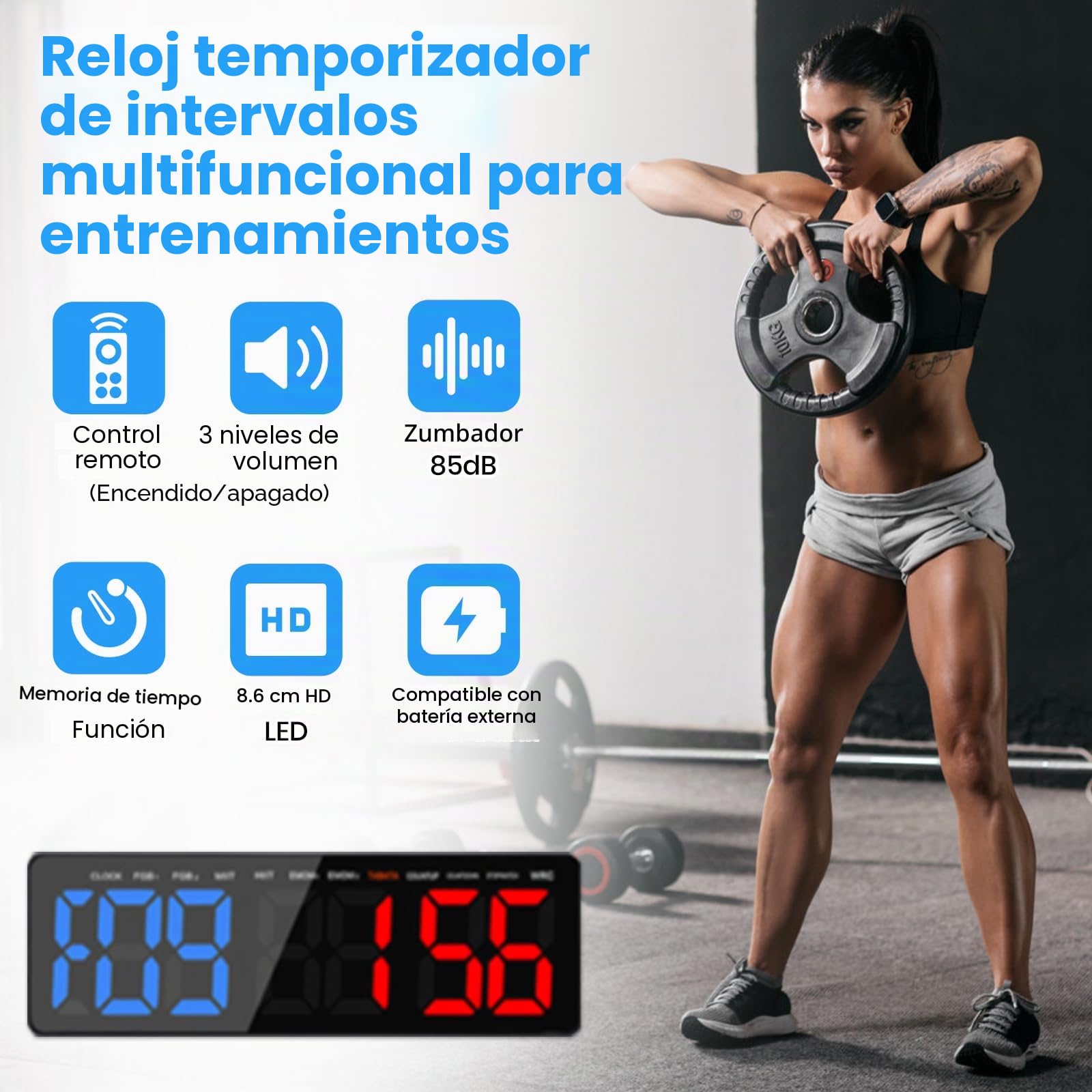 Temporizador de Gimnasio, 16.5" Grande Reloj de Pared Digital Temporizador de Intervalo LED con Countdown & Up Cronómetro, Brillo & Volumen Ajustable, Gym Timer con Control Remoto para Casa