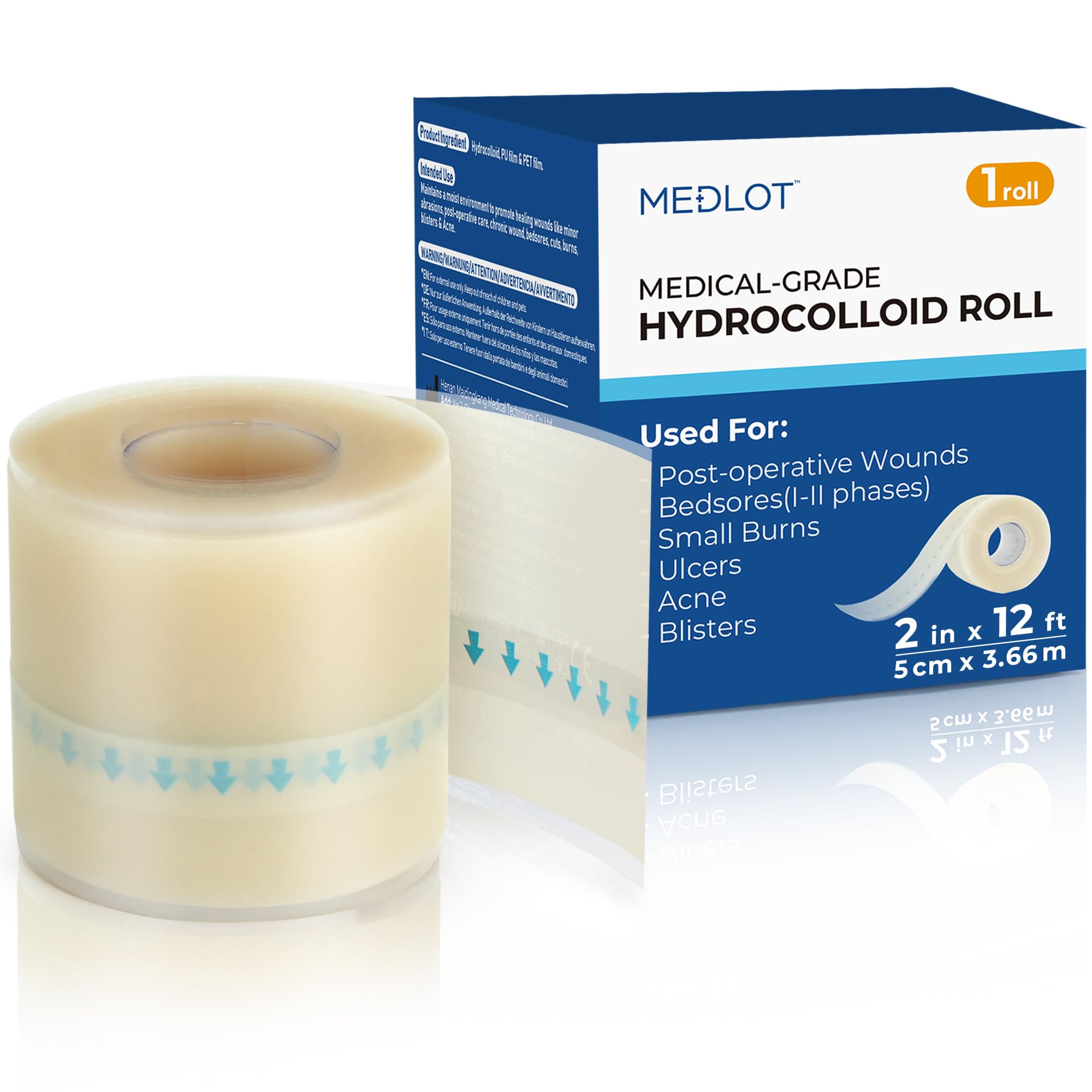 MEDLOT Hydrocolloid Roll for Wound Care, 2in x 12ft, Medical Grade Hydrocolloid Bandages, Pimple Patch Roll, Colloidal Dressing Tape for Acne, Blister