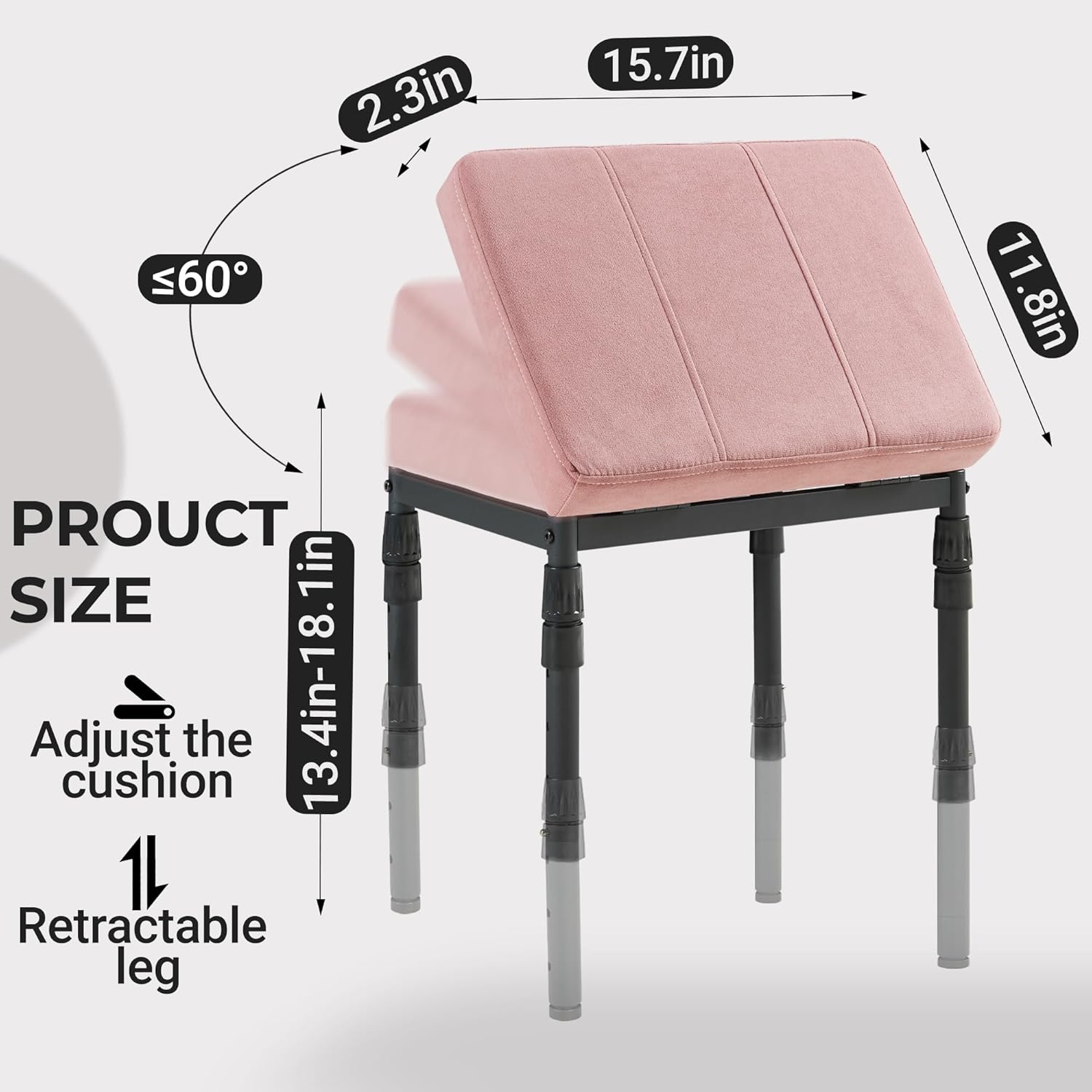 Adjustable Ottoman Pouf, 4 Height Position & 60 Degree Tilt Angle Faux Suede Ottomans Foot Stools Rest Footrest Stool Pouffe FootStool for Under Desk for Living Room Home Office(Pink Faux Suede)