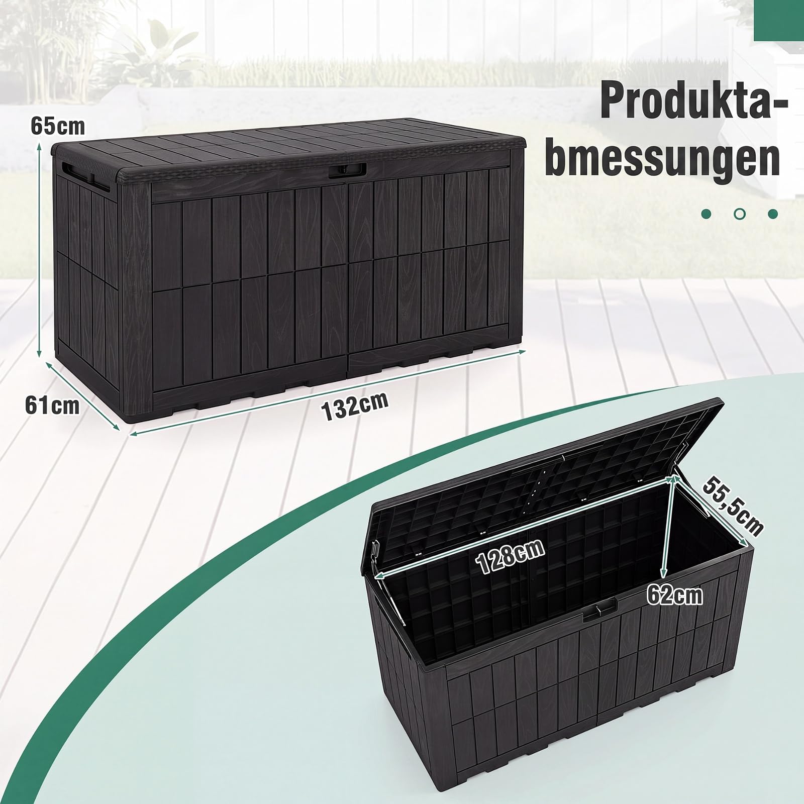 GYMAX 455 L wetterfeste Auflagenbox, abschließbare Aufbewahrungsbox mit Deckel, Gasdruckfedern & Griffen, 2-in-1 Terrassenbank und Kissenbox für Kissen, Gartenwerkzeug & Poolzubehör