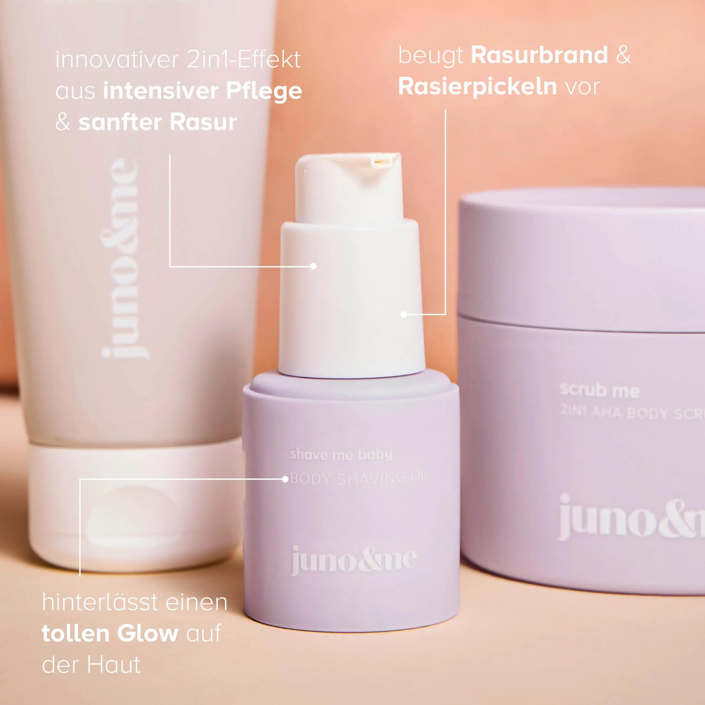 juno & me - Zestaw Happy Shaving: 3-częściowy zestaw do golenia całego ciała – zawiera olejek do golenia, żel do golenia i olejek po goleniu – z kwasem mlekowym, olejkiem konopnym i aloesem – przeciw