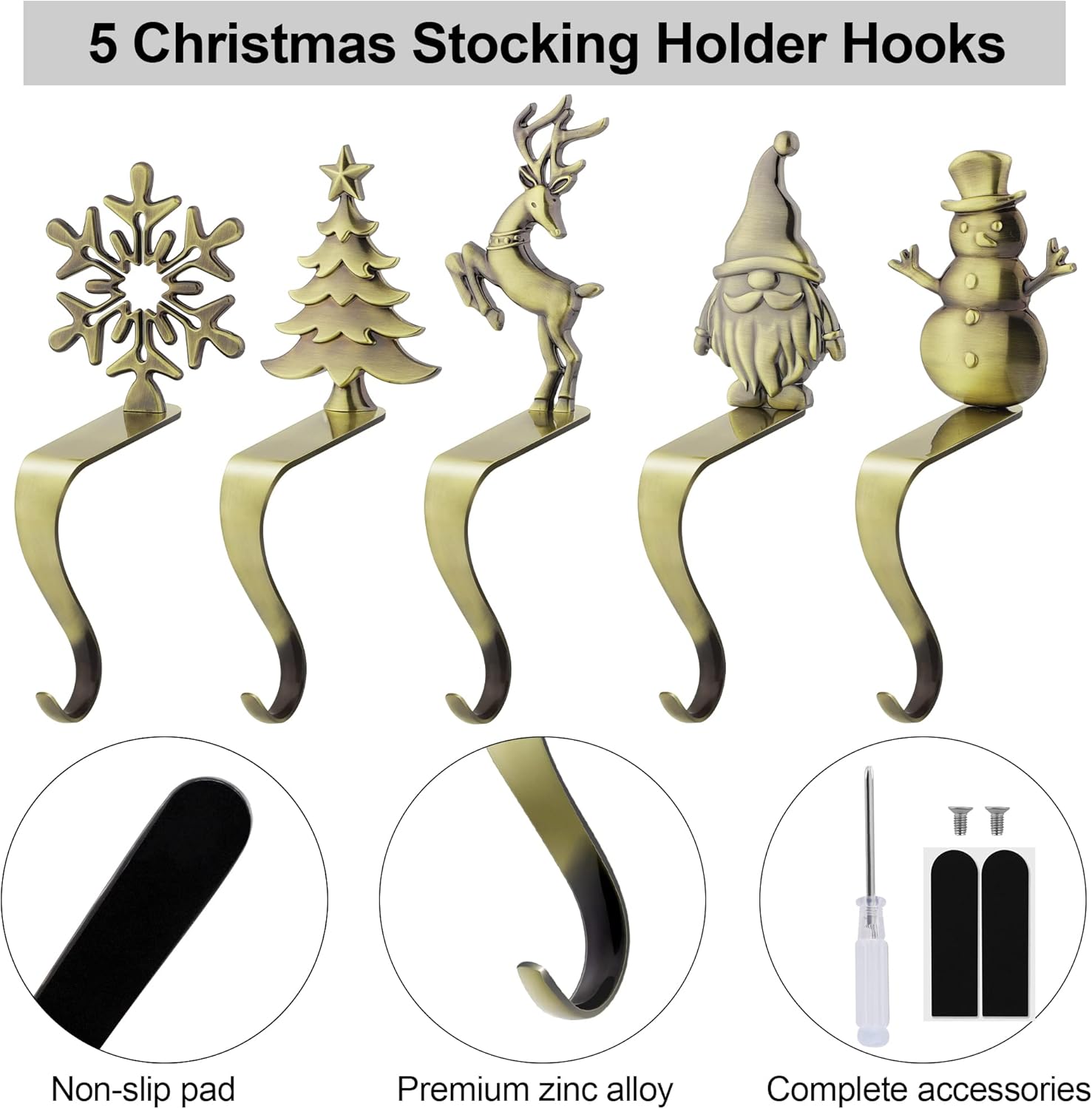 URATOT Christmas Stocking Holders Non-Slip Metal Stocking Hooks Mantel Stocking Holders Hanger in 5 Designs for Christmas Decoration, Bronze, Set of 5