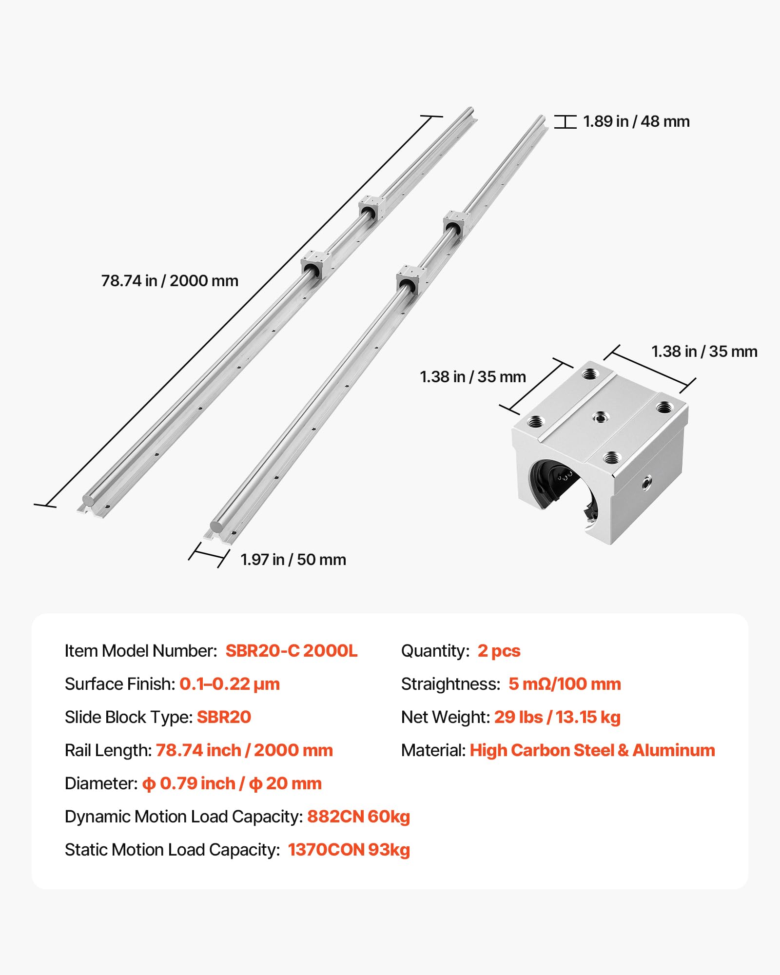 VEVOR Linear Rail Kit, SBR20, 2Pcs 2000 mm (78.74 inch) Linear Motion Guide Rails and 4Pcs Bearing Slide Blocks, Fully Supported Shaft, for Cutting, Grinding, Milling, Drilling Machines, and More — Amazon image 7