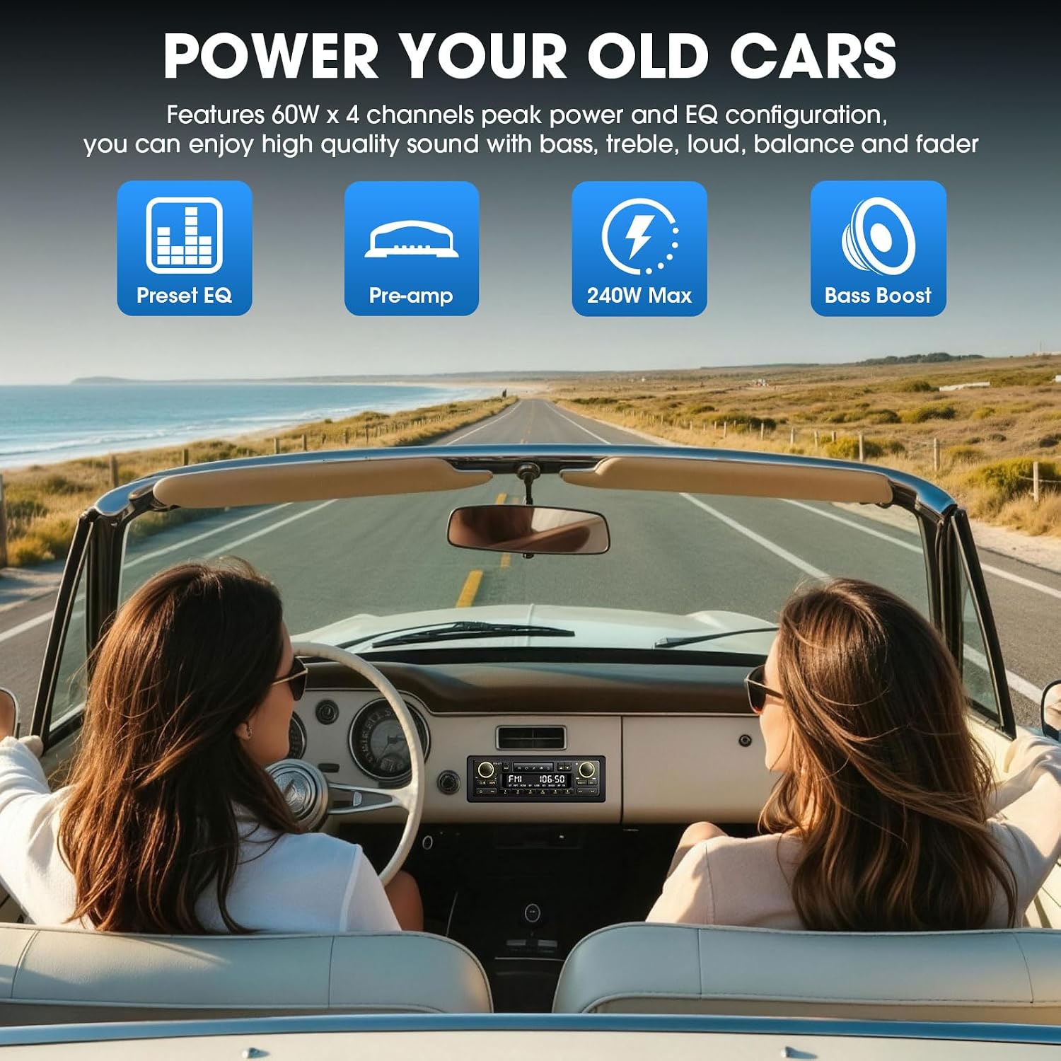 Retro Bluetooth Car Radio System: Single Din European Look Stereo for Classic Vehicles - LCD Display AM FM USB SD AUX USB-C Fast Charge 4-CHN Outputs