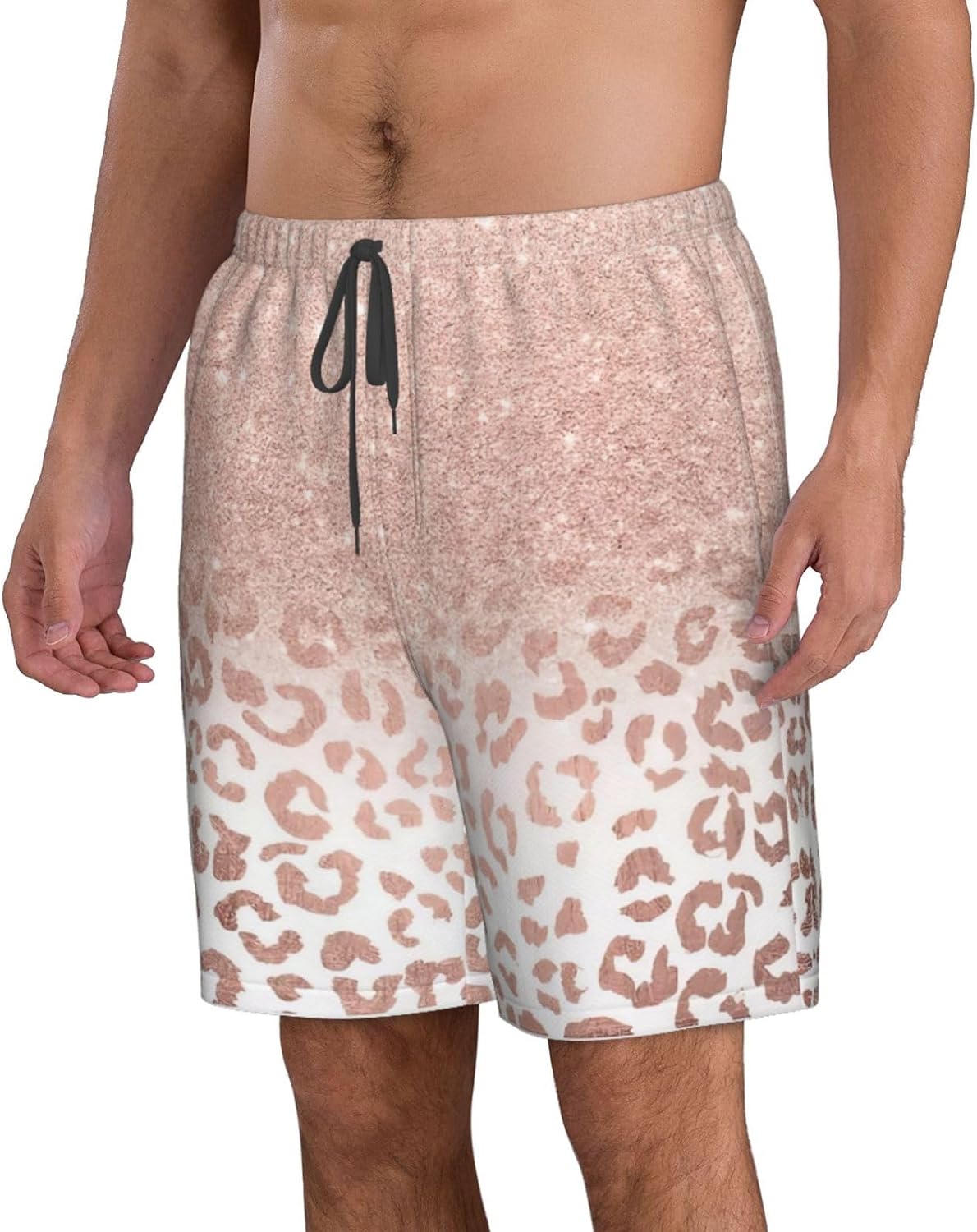 Rose Gold Glitter Print Mens Casual Shorts Drawstring Summer Beach Stretch Shorts Novelty Swimtrunks