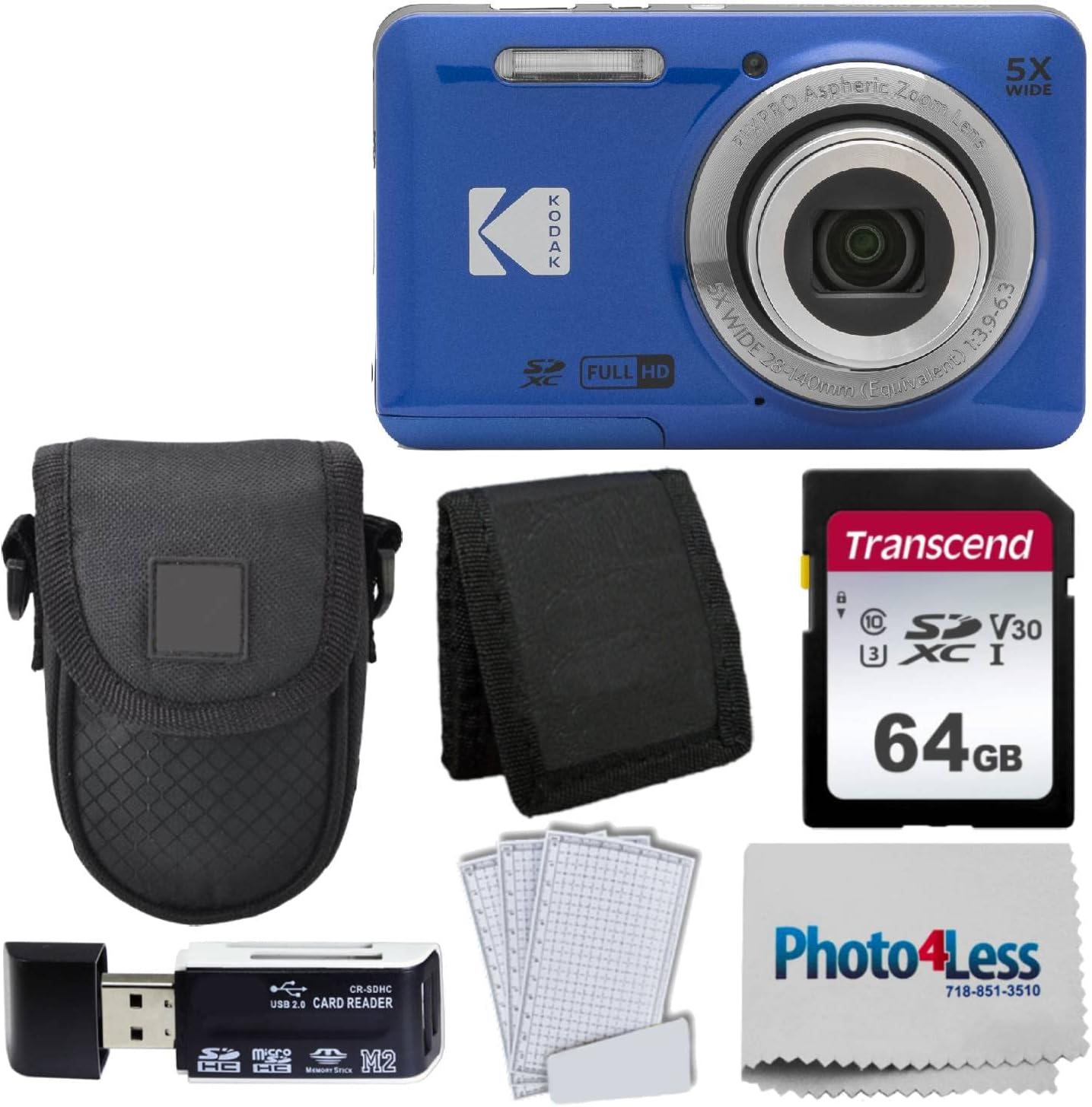 كاميرا رقمية Kodak PIXPRO FZ55 Blue Black Point & Shoot Camera Case تتجاوز بطاقة ذاكرة SD سعة 64 جيجابايت بطاقة ذاكرة ثلاثية الطي محفظة بطاقة USB عالية السرعة SD قارئ المزيد