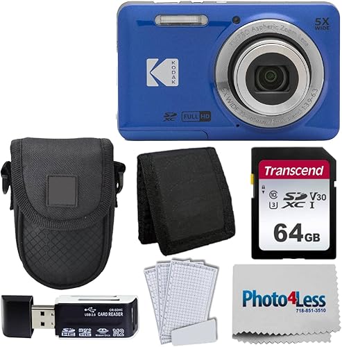 Kodak PIXPRO FZ55 - Cámara digital (azul) + funda negra para cámara de punto y disparo + tarjeta de memoria SD Transcend de 64 GB + cartera de