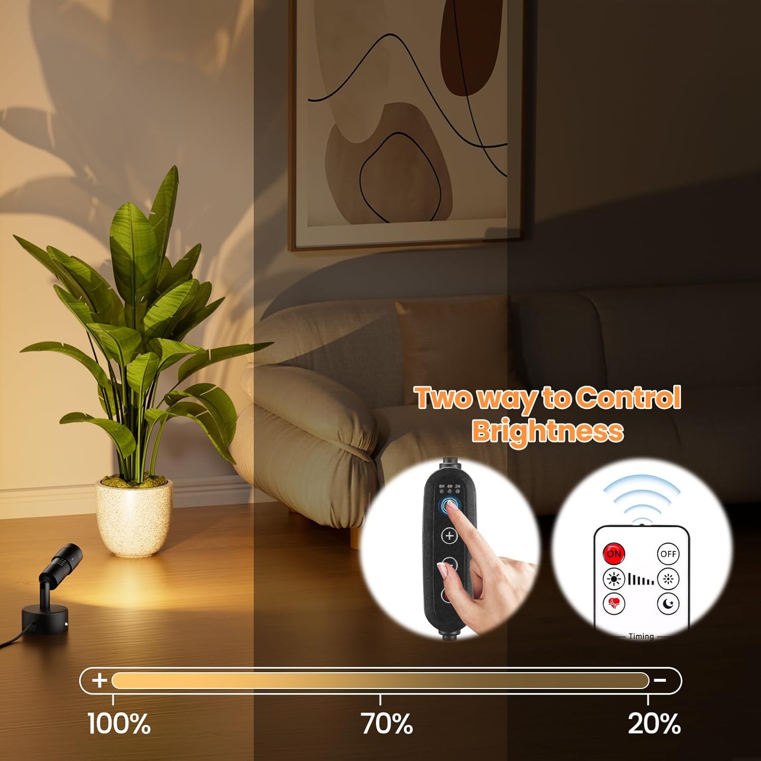 Zoomable LED Spot Lights Indoor Uplighting with Remote & Timer, 5W Up Lights Indoor Dimmable Plant Spotlight Uplights Accent Lighting, Floor Spotlight Lamp with 5.9FT Plug Cord - Black 2 Pack