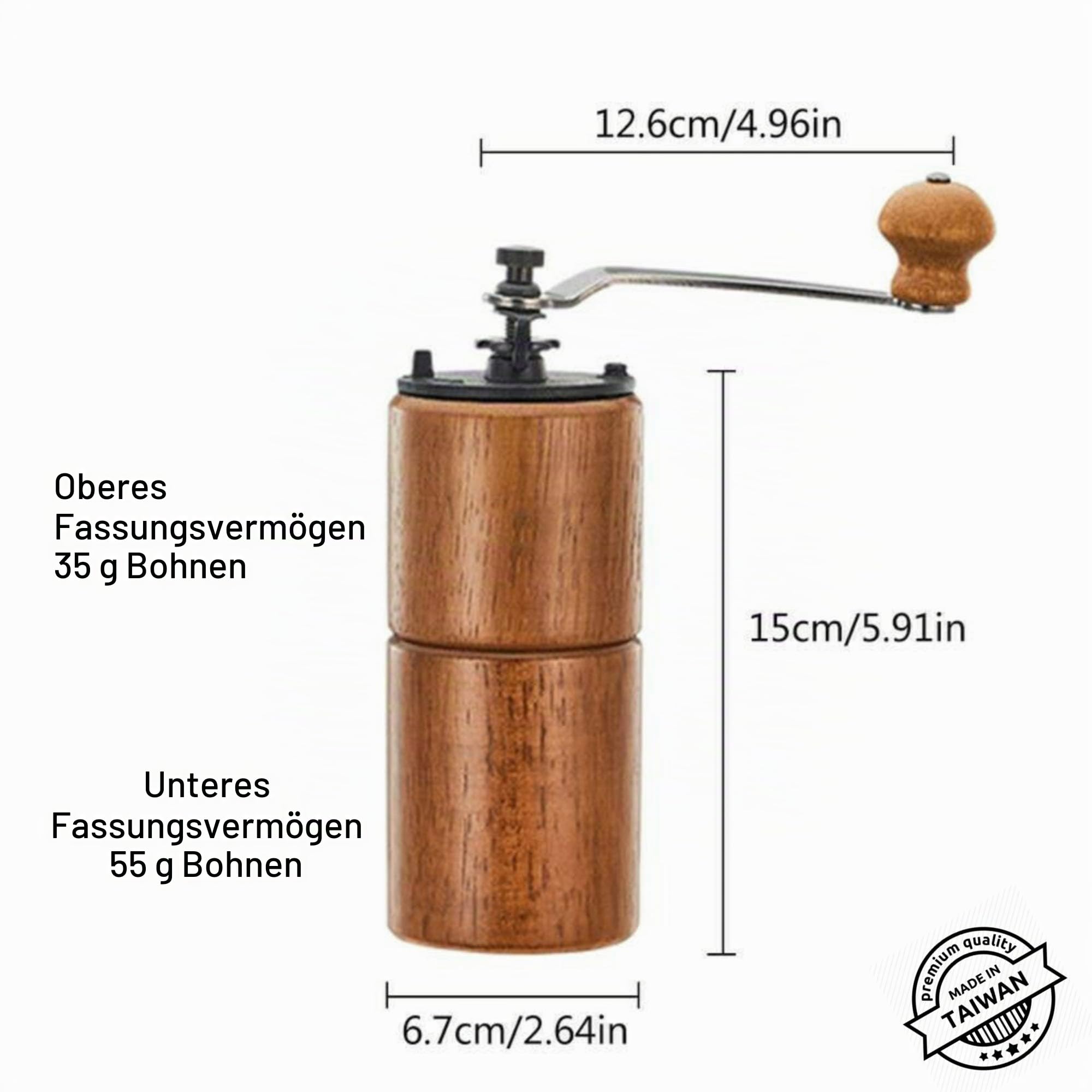 Akirakoki Manuelle Kaffeemühle aus Holz mit Gusseisen-Grat, große Kapazität, Handkurbel, tragbar, Reisen, Camping, verstellbar (braunes Holz)