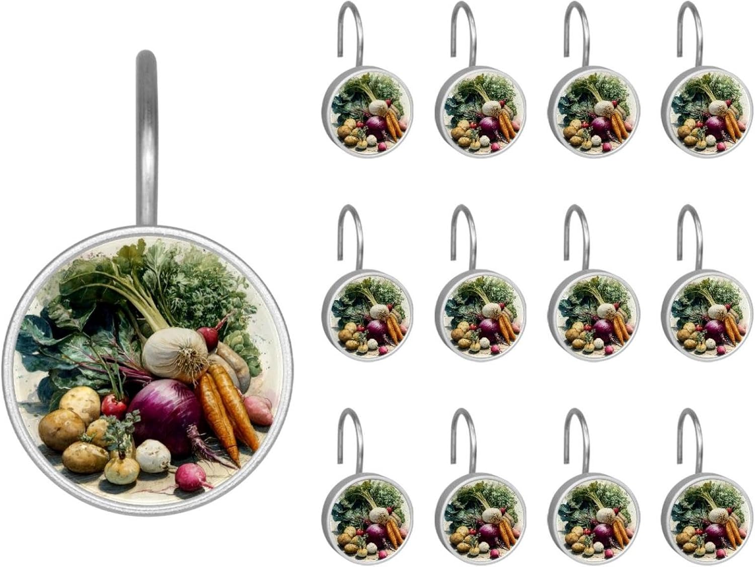 12PCS Farmers Watercolor Vegetables (3) Shower Curtain Hooks Metal Rust Resistant Decorative Shower Curtain Hooks Bathroom Decorations