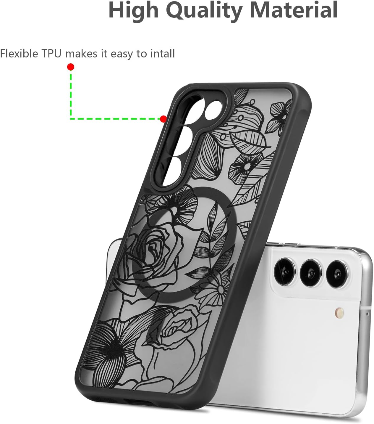 XIZYO Magnetic Case for Samsung Galaxy S23 Plus Floral Rose Flower Cute [Compatible with Magsafe] for Women Girls Aesthetic Pattern Slim TPU Shockproof Bumper Cover, Black - Image 8