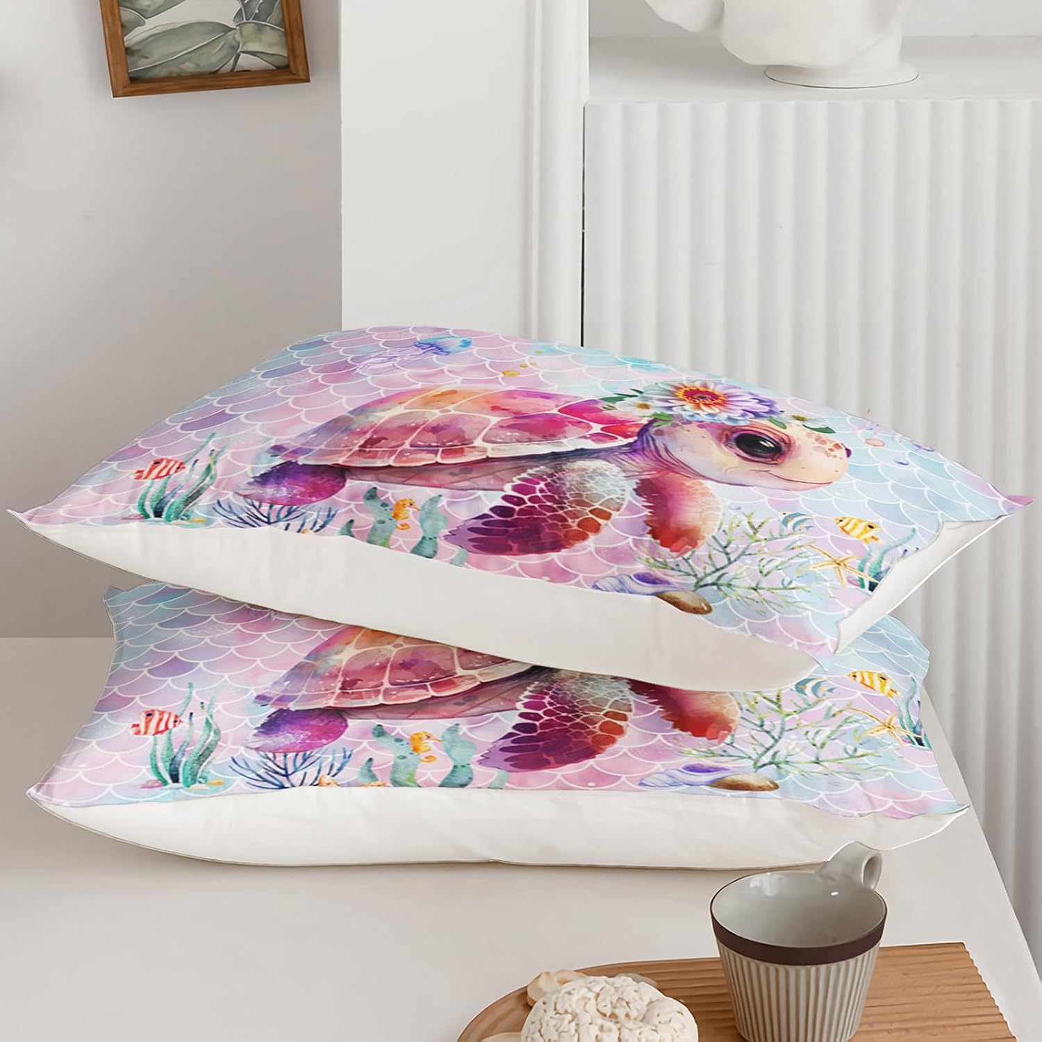 Axolotl Set Turtle Fitted Sheet Twin,Mermaid Fish Scales Sheets,Sea Turtle Bedding Set Sealife,Ocean Beach Themed Sheet,Rainbow Bedding for Kids Girls Teens,1 Flat Sheet 1 Fitted Sheet 2 Pillowcases
