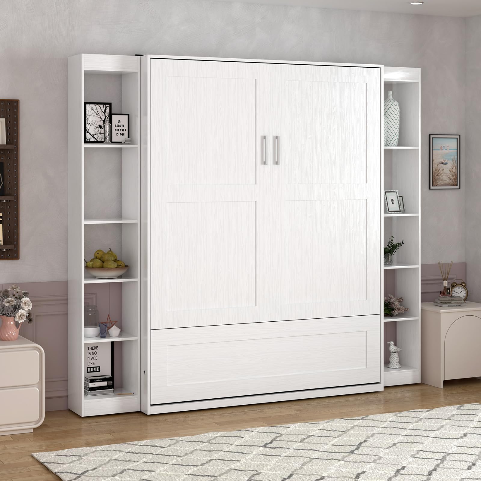 BALUS Murphy Bed Cabinet Bed, 97"" Horizontal Wall Bed with 2 Storage Cabinets, Multi-use Large Folding Guest Bed for Compact Spaces -White, 16006+16007