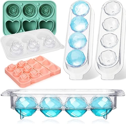 Dandat 4 bandejas de cubitos de hielo de diamante para congelador, molde de cubo de hielo rosa, molde redondo para hacer bolas de hielo, molde de