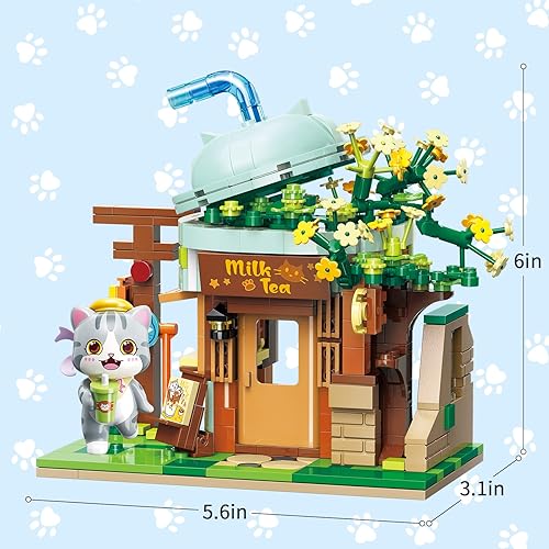 Miniatura 5 de Juego de construcción de tienda de té con leche para gatos, casa de amigos, kit de construcción lindo y creativo, con un gato encantador, juguete de