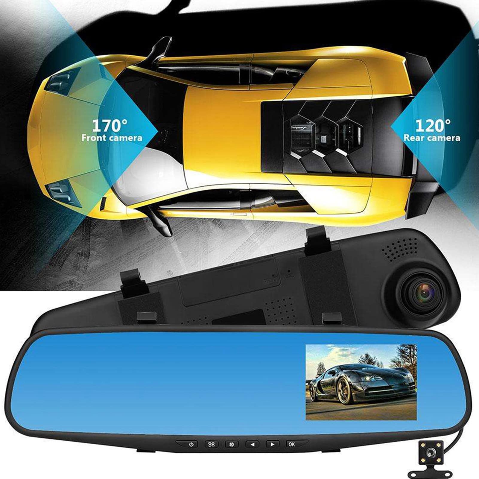Vehículo en Espejo Video 4.3In 1080P Espejo Dash Cam Espejo Retrovisor Cámara Grabadora de Conducción Dual Monitor de Estacionamiento Grabación en Bucle Cámara de Respaldo Cámaras