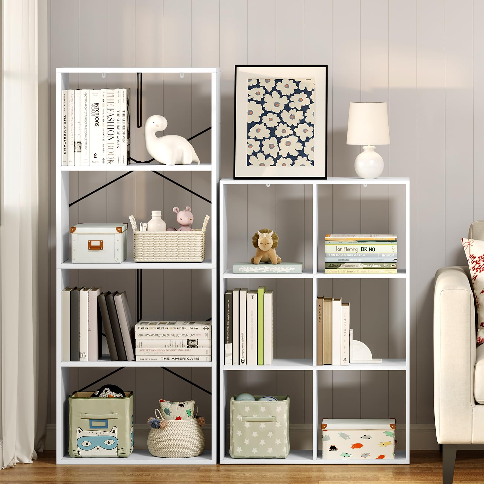 WOLTU Estanteria de Libros de 3 Niveles con 6 Cubos de Almacenamiento | para Salón, Dormitorio y Oficina, 71x29x106 cm, Blanca