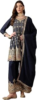 Miss Ethnik Women's Blue Chinon Stitched Top with Stitched Chinon Bottom and Chinon Dupatta Full Sleeve Embroidered Flared... Price In India
