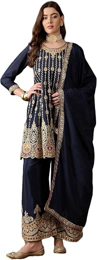 Miss Ethnik Women's Blue Chinon Stitched Top with Stitched Chinon Bottom and Chinon Dupatta Full Sleeve Embroidered Flared...