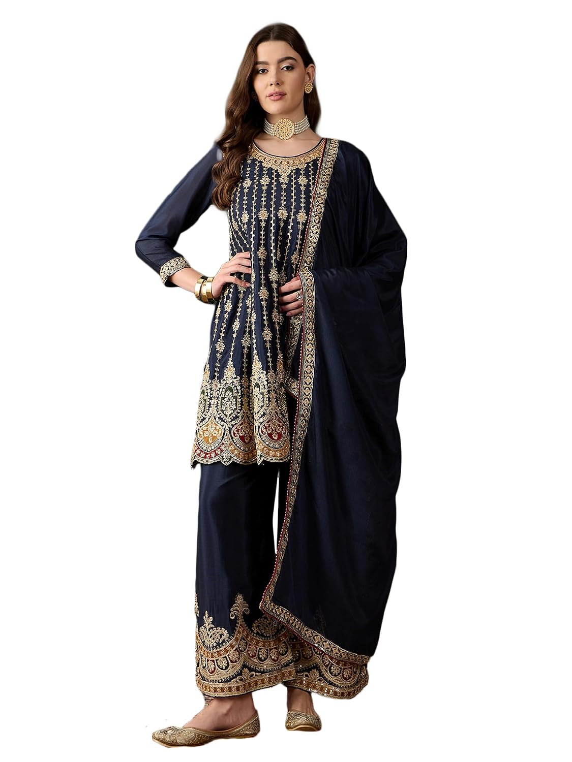 Miss Ethnik Women's Blue Chinon Stitched Top with Stitched Chinon Bottom and Chinon Dupatta Full Sleeve Embroidered Flared... - Review, Price and Buying Guide