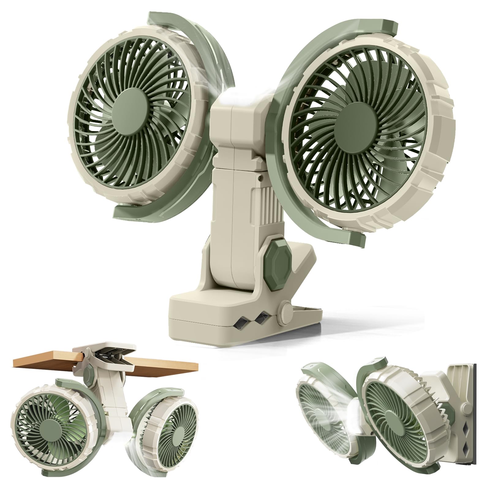 Ventilatore da tavolo a doppia testa con clip on a batteria, USB ricaricabile, rotazione a 360 gradi, ventilatore di raffreddamento personale silenzioso, può essere fissato ai veicoli, verde