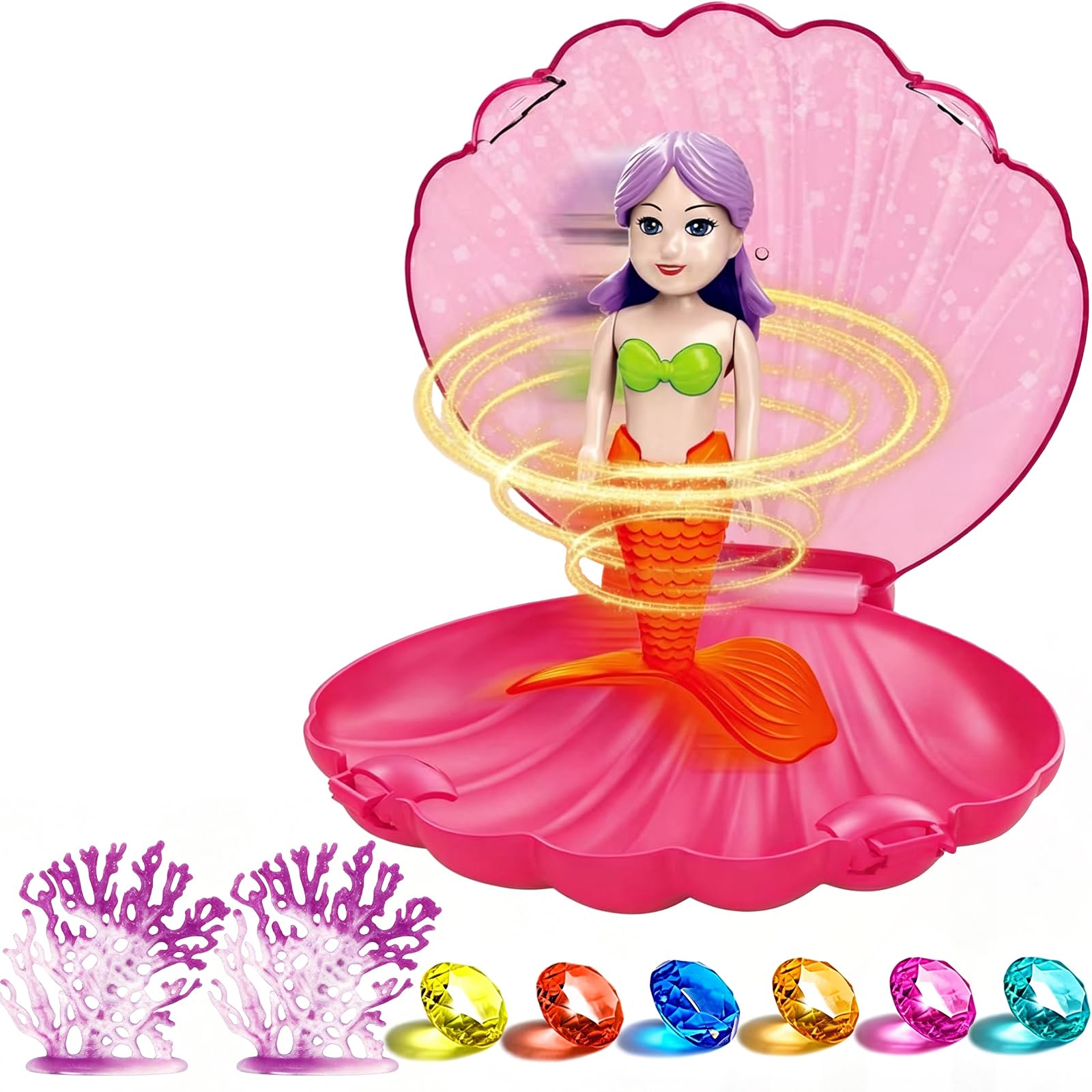 Diving Mermaid Pool Toys for Kids,Mermaids Sinkers Diving Toy for Swimming Pool,Girls Mermaids Bath Water Toy,Little Mermaid Toys with Hot Pink Shell & 6 Gemstone & 2 Coral for Girls Kids Aged 5+