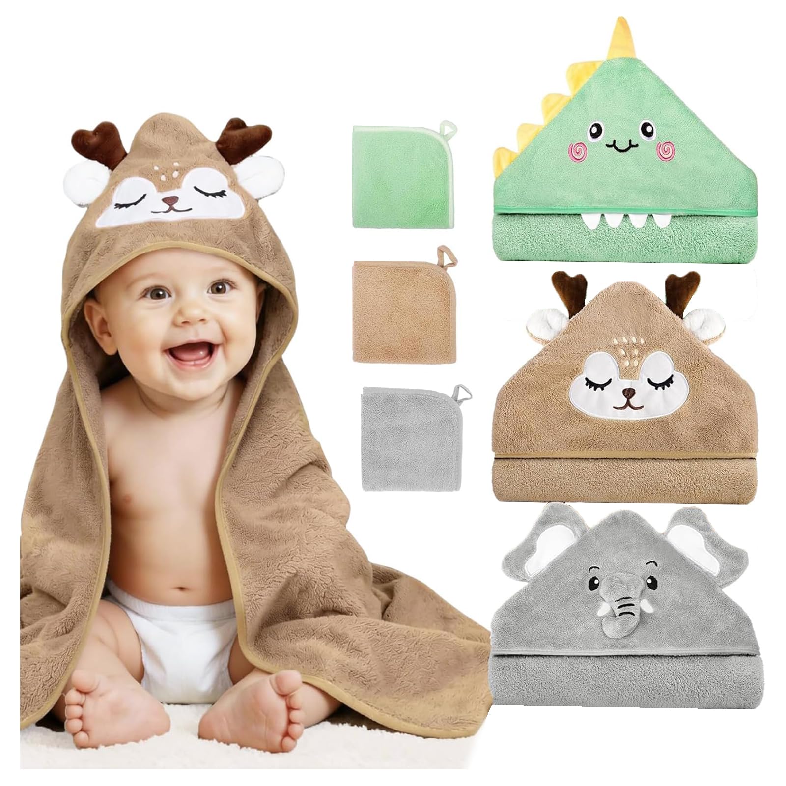Cape de bain bébé avec 3 serviettes à capuche animaux et 3 débarbouillettes unies