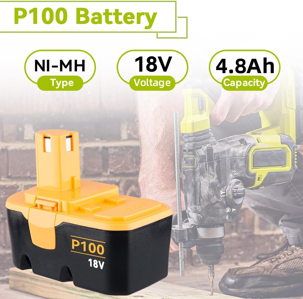 LUMSING 2Pack 4.8Ah P100 Compatible with Ryobi 18V Battery Ni-Mh ABP1801 ABP1803 BPP1820 130224007 130224028 130255004 Cordless Power Tools