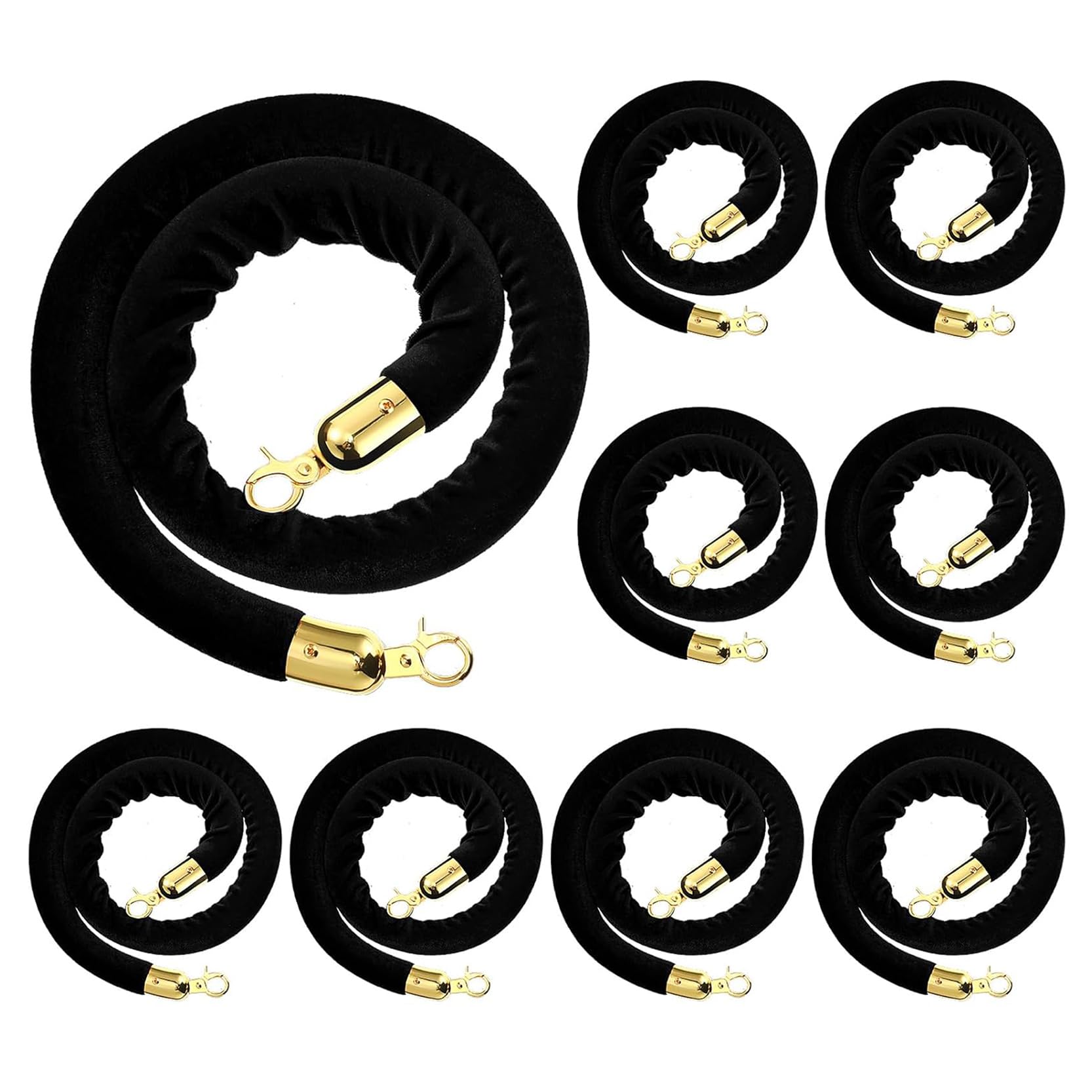 Aioneer 9-Pack Black Velvet Rope With Gold Polished Hooks - Stanchion Queue Barrier For Hotels, Cinemas, Events - 185 Cm Long Crowd Control Rope-Black-4.9ft/150cm