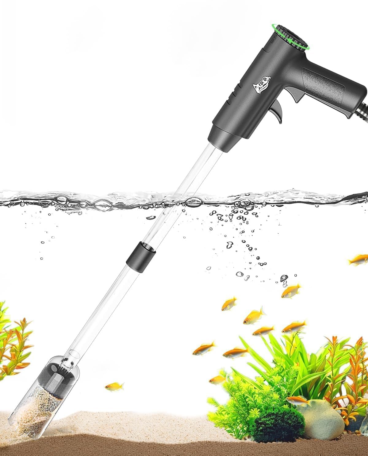 AQQA Fish Tank Gravel Cleaner, 4-in-1 Powerful Suction Aquarium Gravel Cleaner with Water Flow Adjustment, for Water Changing, Cleaning Gravel and Sand