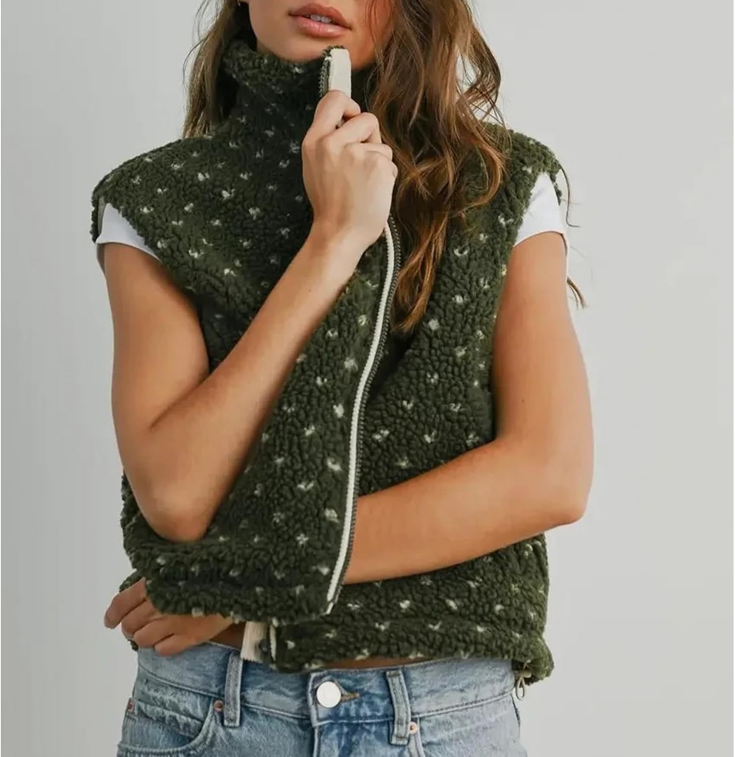 SeeLuNa Slouchy Fleece Jacket Women Sleeveless High Neck Full Zipper Polka Dot Sherpa Vest Fuzzy Waistcoat Gilet with Pockets