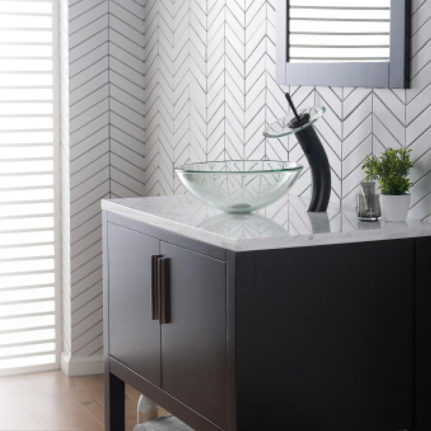 Kraus Clear Glass Vessel Sink and Waterfall Faucet Satin Nickel