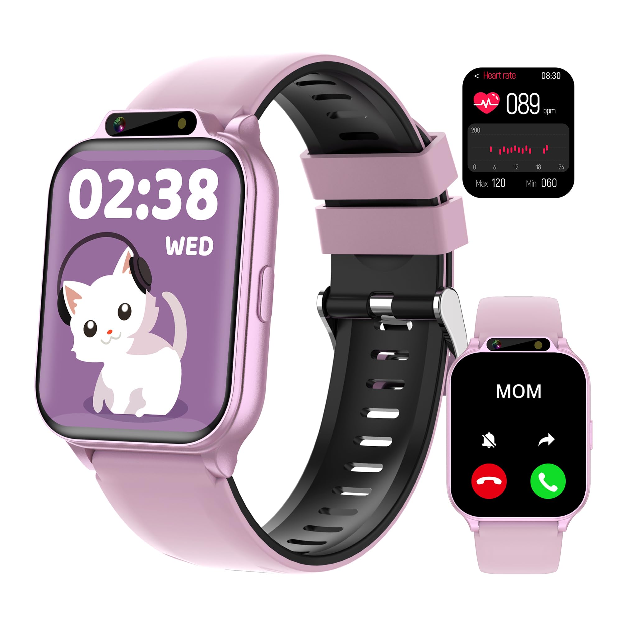 Kids Waterproof Smart Watch Girls with Fitness Tracker Sports Activity Pedometer Heartrate SpO2 Stress Monitor Flashlight APP HD Touch Screen Camera