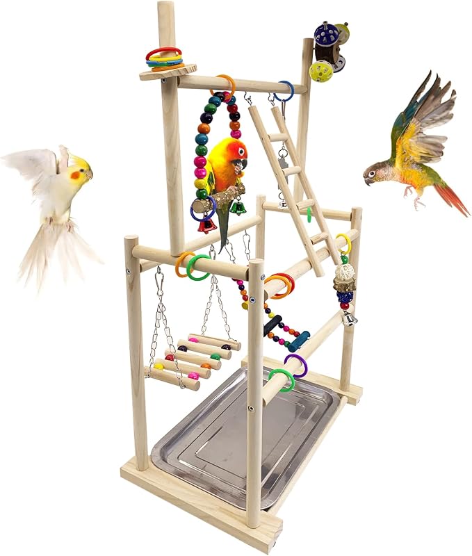 Playground para Aves Hamiledyi de Madeira Natural com Poleiros, Escadas e Balanços XX192-1 — 38,00 x 30,00 x 57,91 cm