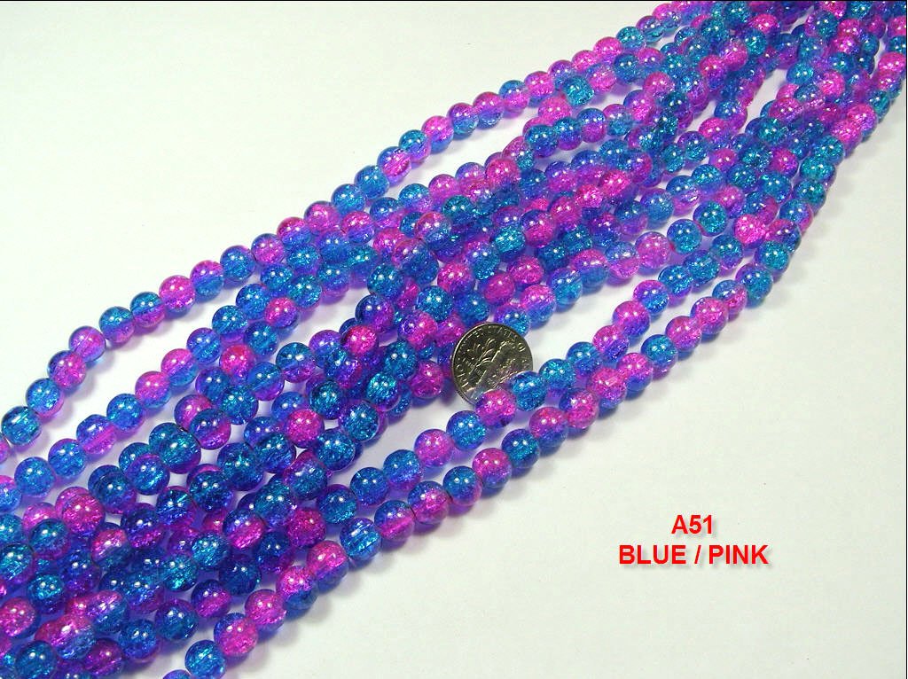 50-Piece 2-Tone Crackle Glass Round Beads, 8mm, Blue and Pink by Beading Station