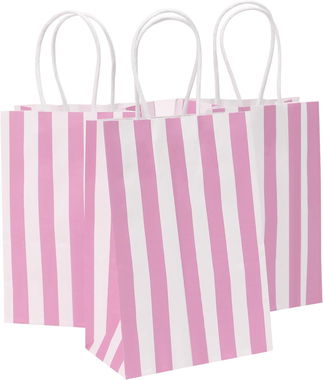 Ronvir 50Pcs Small Gift Bags 14 x 8 x 21cm, Pink Stripes Recycled Paper Bags With Handles for Party Favor,Business, Birthday, Baby Shower, Goodie, Christmas, Halloween