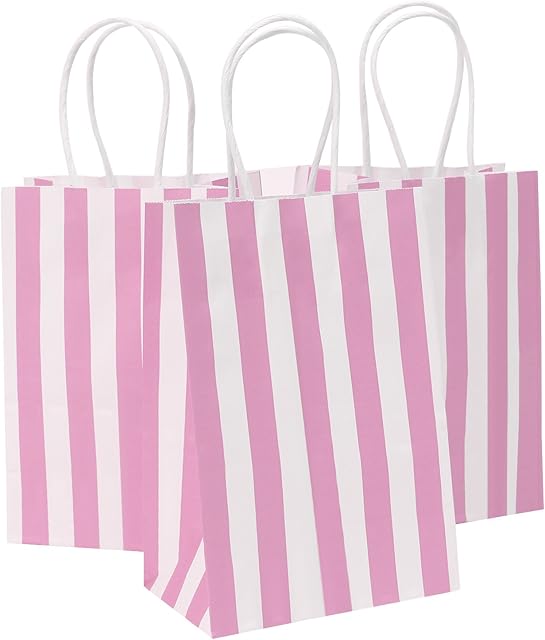 Ronvir Gift Bags 50Pcs Pink Goodie Bags 14 x 8 x 21cm Small Paper Bags With Handles Pink Party Favor Bags For Treat, Birthday, Welcome, Halloween Christmas