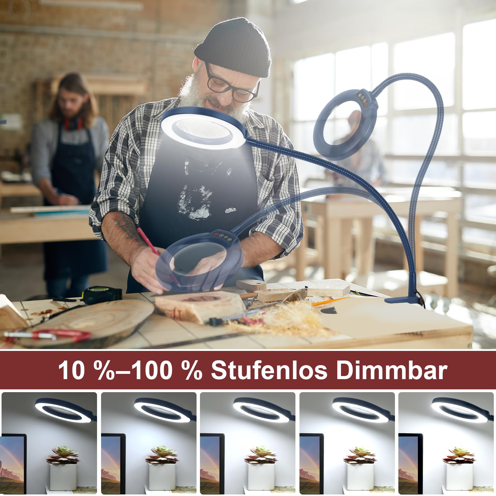 Veemagni 10 lupas de cristal auténticas lupas de cuello de cisne, lupa con luz y soporte, 5 modos de color regulable sin niveles, 3 en 1 LED, lupa de pie, manos libres para leer, hobby, azul