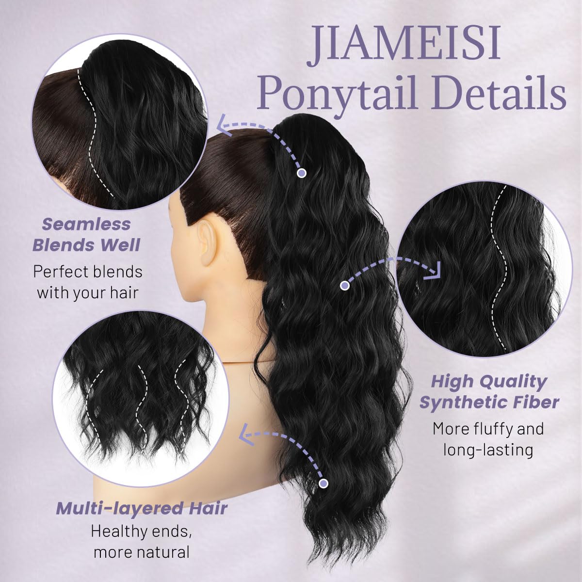 JIAMEISI Claw Clip Ponytail Hair Extensions 18 Inch Ponytail Extension Long Curly Wavy Jaw Clip in Pony Tails Extension Synthetic Fluffy Hairpiece for Women Girls Daily Use Party (Natural Black) - Image 3