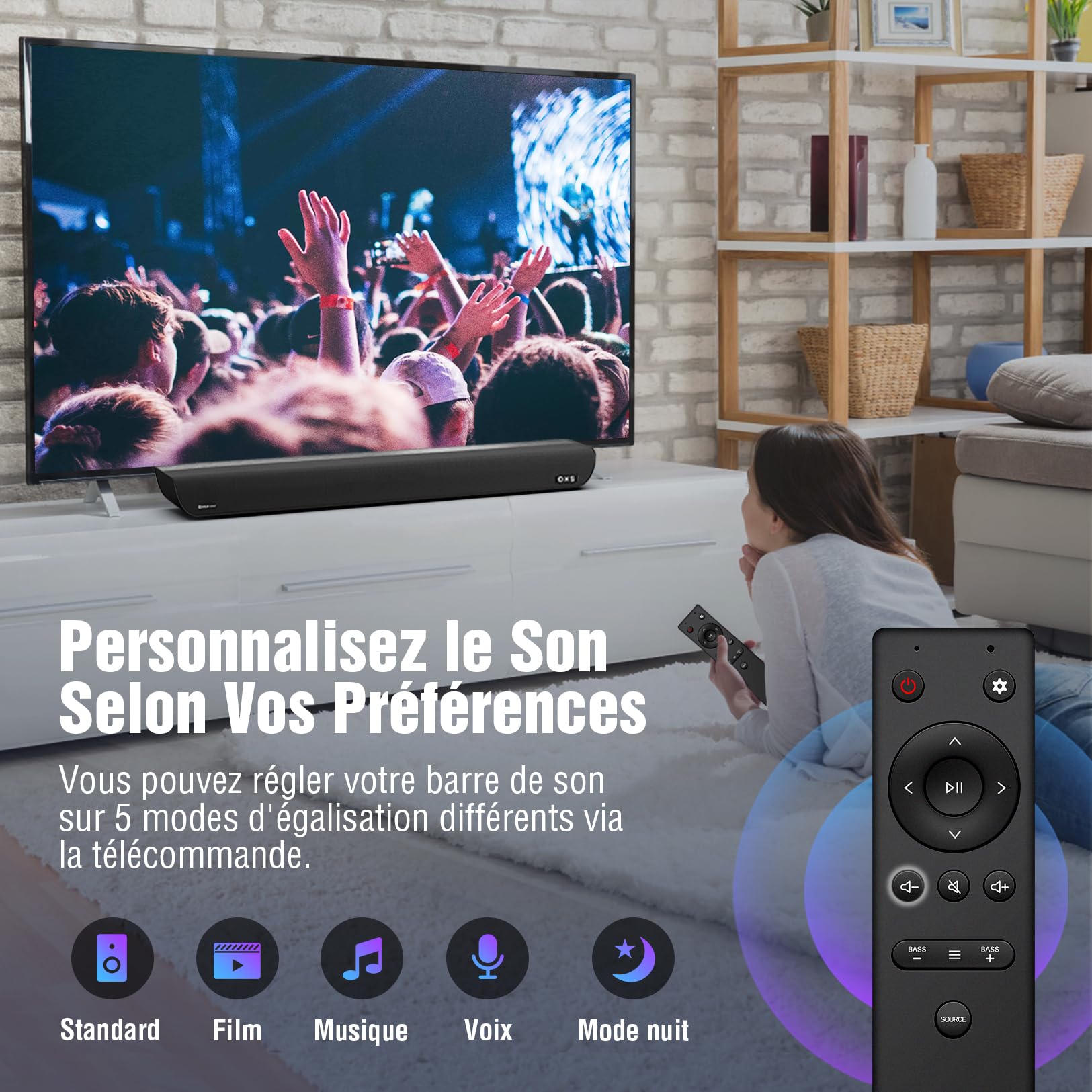 OXS S5 Barre de Son 3.1.2 ch avec Dolby Atmos, Caisson de Grave Intégré, Basses Flexibles, Amélioration du Dialogue, Connectivité Bluetooth 5.0 et HDMI eARC, 5 Modes EQ, 4K HDR Passthrough
