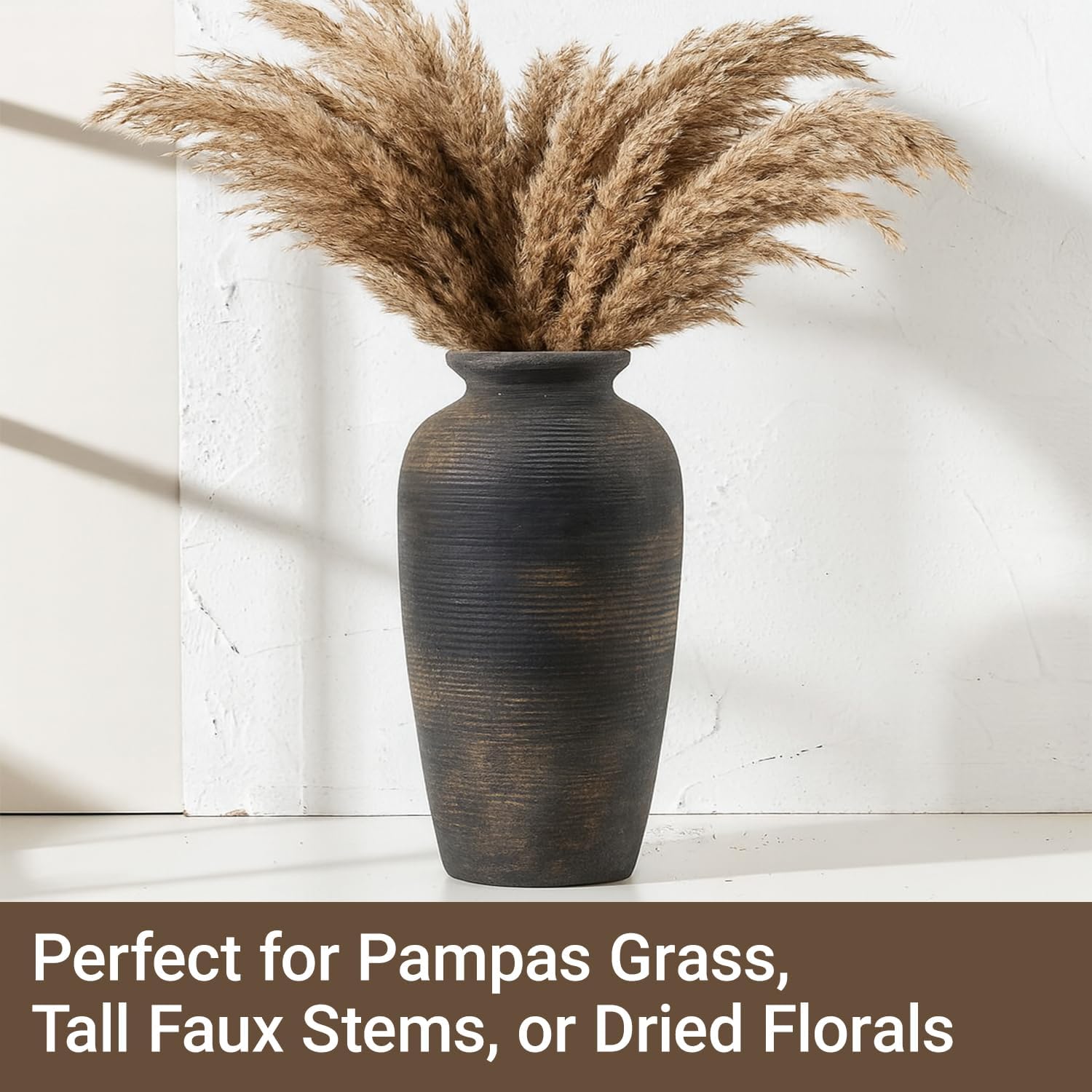 15 Inch Terracotta Decorative Vase with Blackened Bronze Finish Handmade Boho Farmhouse Pottery Vase for Entryway, Floor Accent or Living Room Decor - Image 5