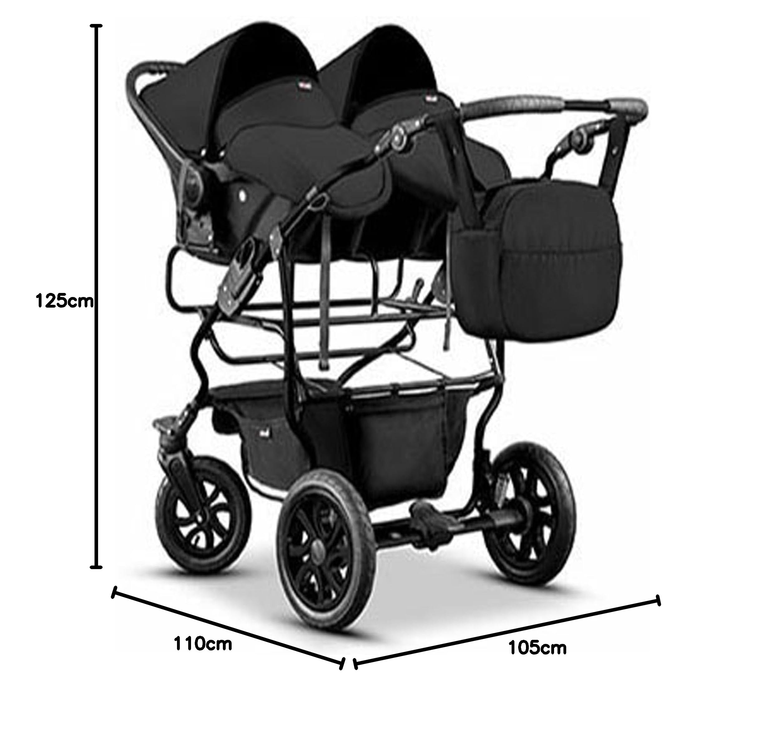 Zwillingskinderwagen 3 in 1 City Twin - 15 Teile - in Farbe Schwarz