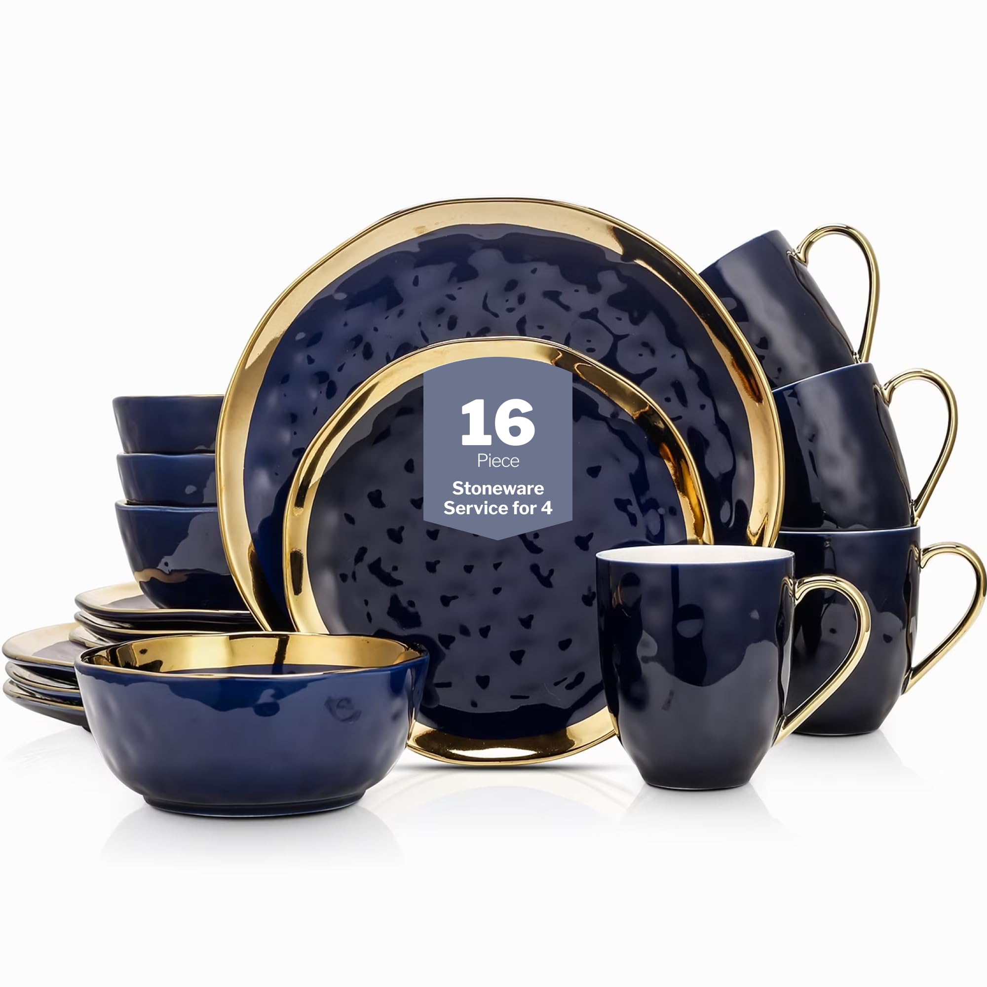 Stone Lain Porcelain 16 Piece Dinnerware Set, Service for 4, Blue and Golden Rim, Dark Blue