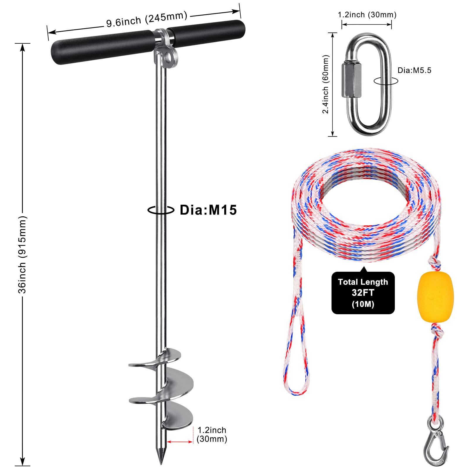 Insaga Ancre de sable de 91,4 cm pour bateau avec corde de 9,8 m, ancre de sable en acier inoxydable 304 avec barre transversale, ancre de bateau entièrement soudée pour kayak, jet ski, ponton, eau